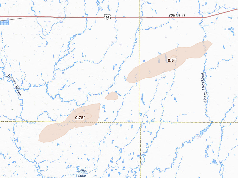 Radar-estimated hail-size map of the storm over Iroquois, SD on Aug 3, 2026
