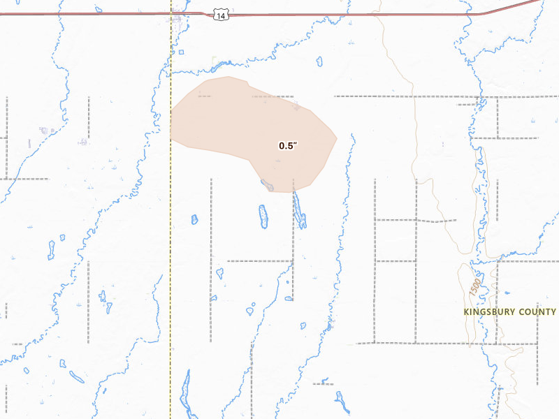 Radar-estimated hail-size map of the storm over Iroquois, SD on Aug 19, 2026