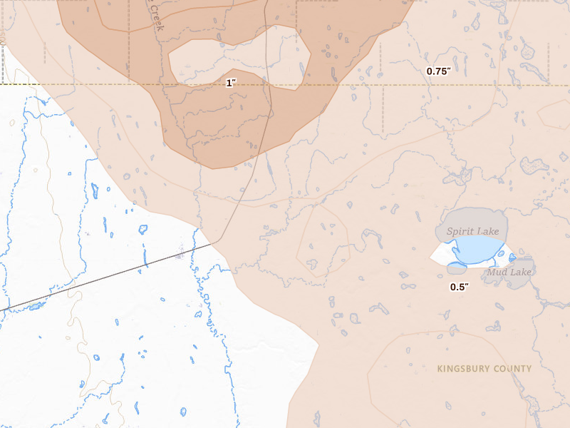Radar-estimated hail-size map of the storm over Iroquois, SD on Aug 24, 2026