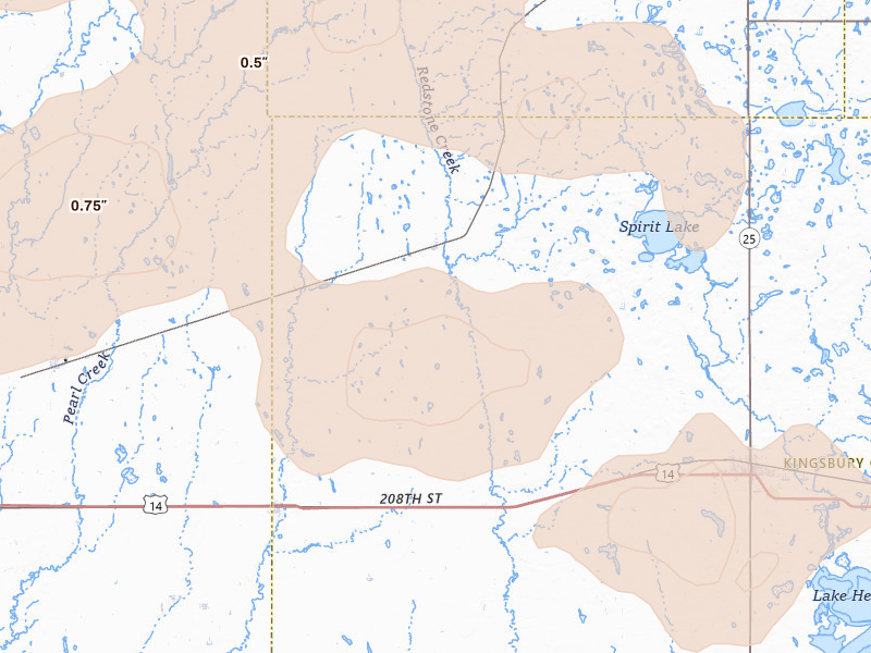 Radar-estimated hail-size map of the storm over Iroquois, SD on Aug 28, 2026