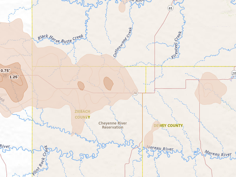 Radar-estimated hail-size map of the storm over Isabel, SD on Jun 7, 2026