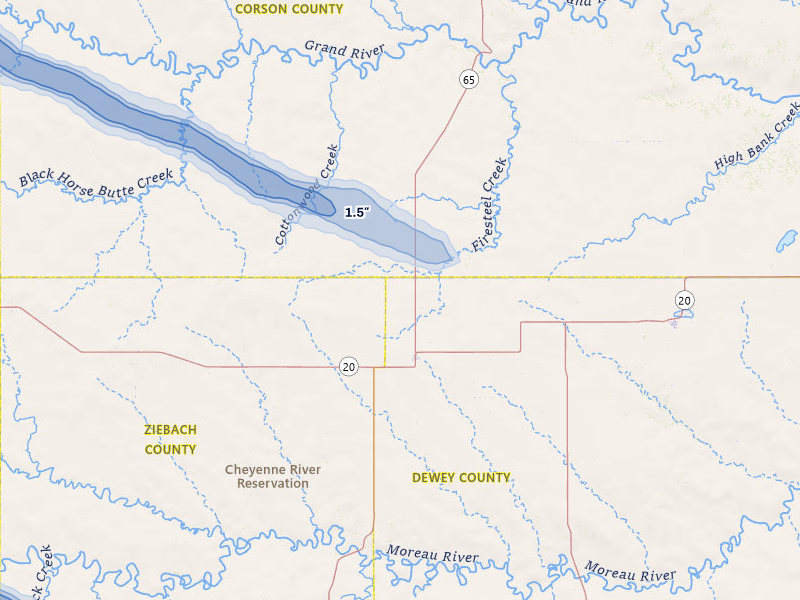 NEXRAD radar-signature map of the hail storm over Isabel, SD on Aug 17, 2026