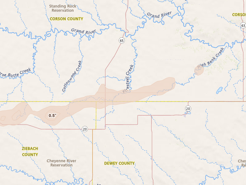 Radar-estimated hail-size map of the storm over Isabel, SD on Aug 29, 2026