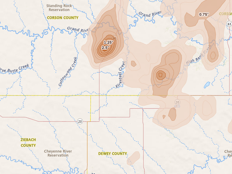 Radar-estimated hail-size map of the storm over Isabel, SD