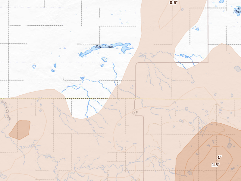 Radar-estimated hail-size map of the storm over Java, SD on Jul 7, 2026