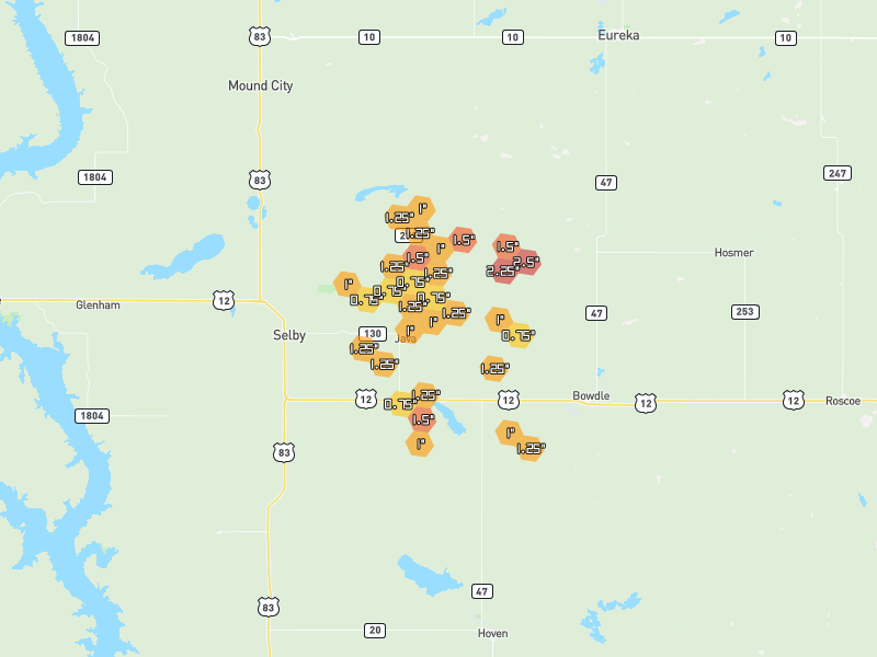 Hail map of Java, SD on Jul 7, 2026, hail up to 2.5"