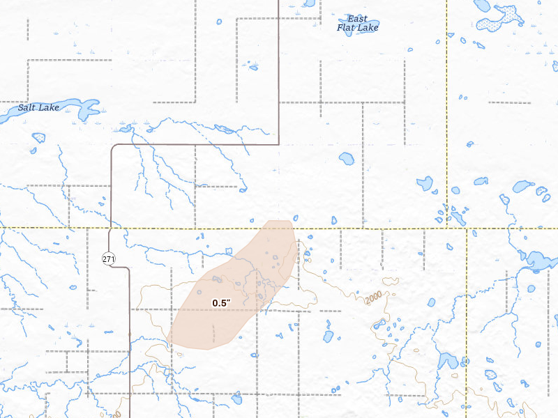 Radar-estimated hail-size map of the storm over Java, SD on Aug 2, 2026