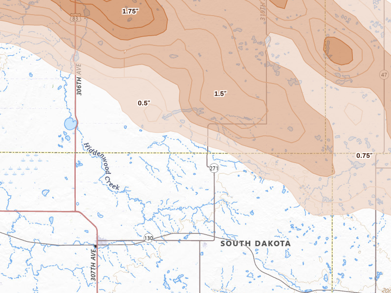 Radar-estimated hail-size map of the storm over Java, SD on Aug 8, 2026