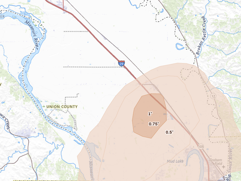 Radar-estimated hail-size map of the storm over Jefferson, SD on May 25, 2026