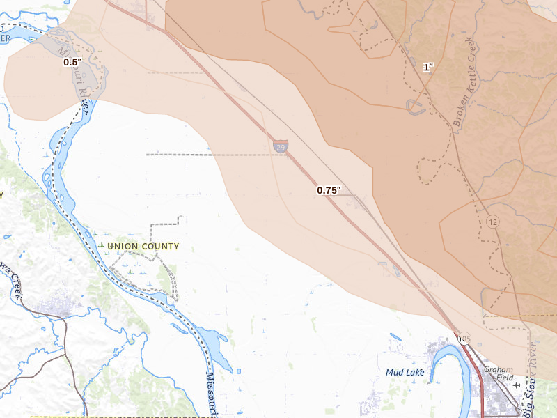 Radar-estimated hail-size map of the storm over Jefferson, SD on May 31, 2026