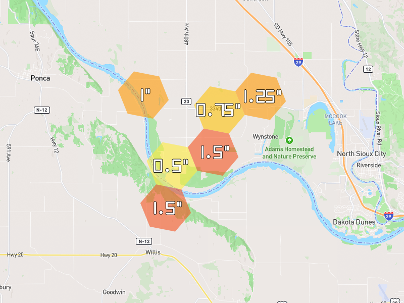 Hail map of Jefferson, SD on Jun 30, 2026, hail up to 1.5"