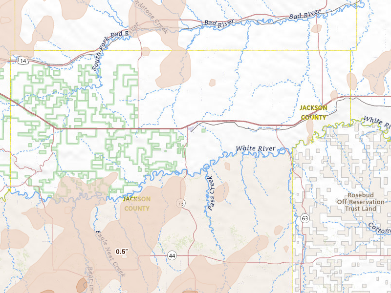 Radar-estimated hail-size map of the storm over Kadoka, SD on Jun 27, 2026