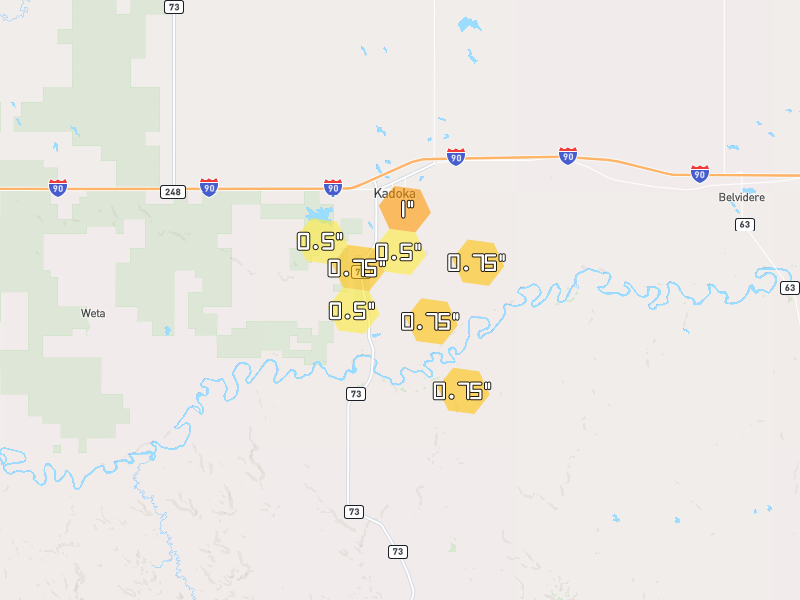 Hail map of Kadoka, SD on Jun 28, 2026, hail up to 1"