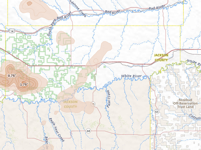 Radar-estimated hail-size map of the storm over Kadoka, SD on Jul 27, 2026