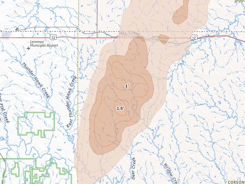 Radar-estimated hail-size map of the storm over Keldron, SD on Jun 9, 2026