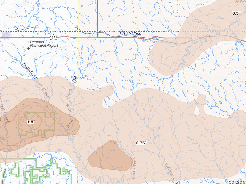 Radar-estimated hail-size map of the storm over Keldron, SD on Jul 1, 2026