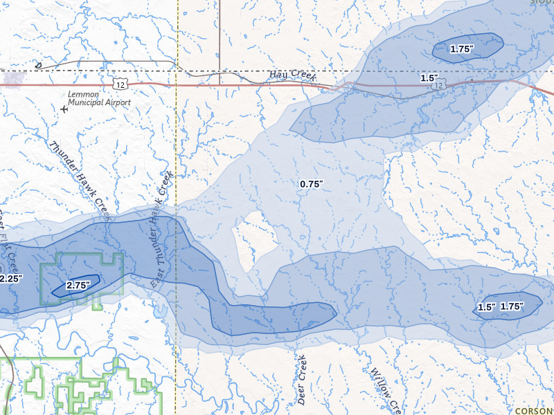 NEXRAD radar-signature map of the hail storm over Keldron, SD on Jul 1, 2026