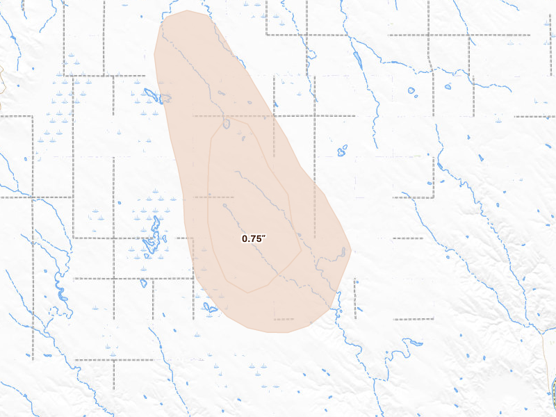Radar-estimated hail-size map of the storm over Kennebec, SD on May 30, 2026