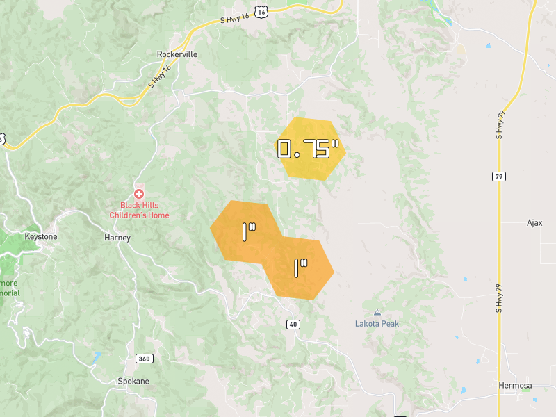 Hail map of Keystone, SD on Jul 8, 2026, hail up to 1"