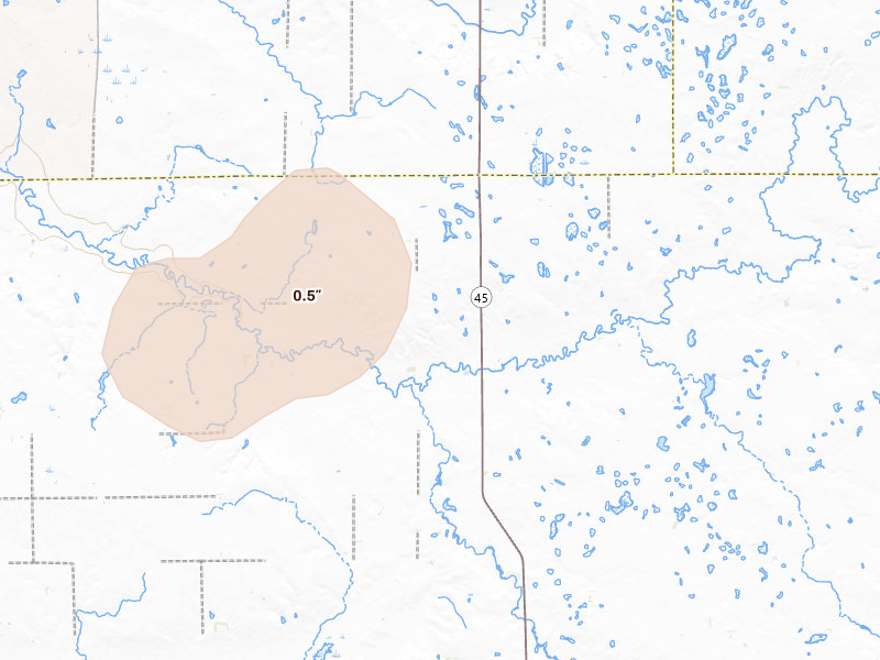 Radar-estimated hail-size map of the storm over Kimball, SD on Jul 25, 2026