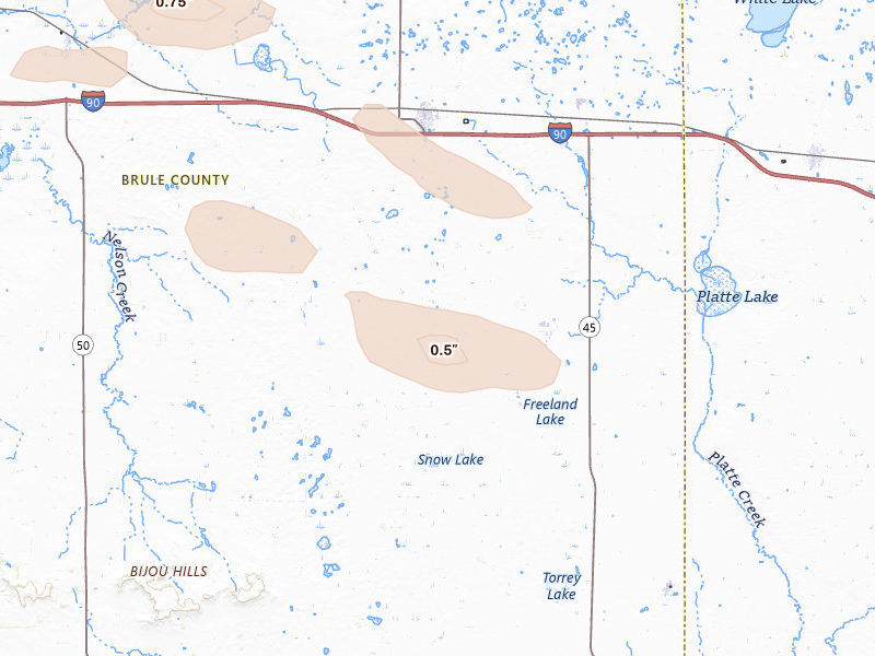 Radar-estimated hail-size map of the storm over Kimball, SD on Aug 23, 2026
