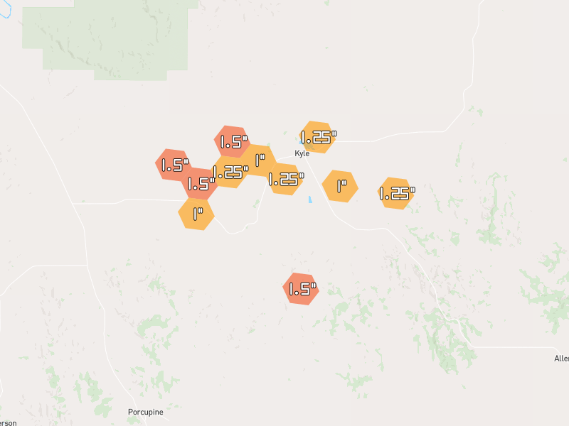 Hail map of Kyle, SD on Jun 2, 2026, hail up to 1.5"