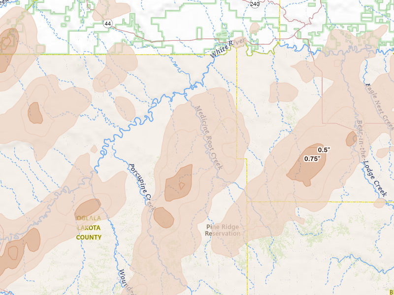 Radar-estimated hail-size map of the storm over Kyle, SD on Jun 27, 2026
