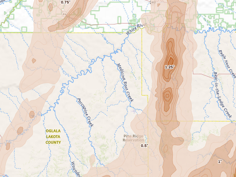 Radar-estimated hail-size map of the storm over Kyle, SD on Jun 28, 2026
