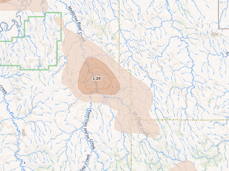 Radar-estimated hail-size map of the storm over Kyle, SD on Aug 16, 2026