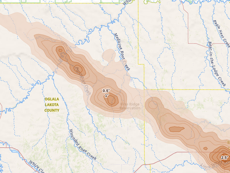 Radar-estimated hail-size map of the storm over Kyle, SD on Aug 17, 2026