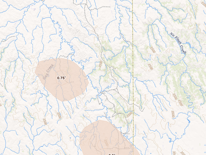 Radar-estimated hail-size map of the storm over Kyle, SD on Aug 27, 2026