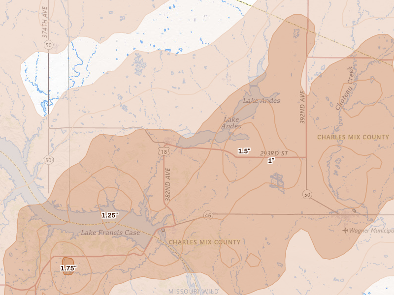 Radar-estimated hail-size map of the storm over Lake Andes, SD on Jun 27, 2026