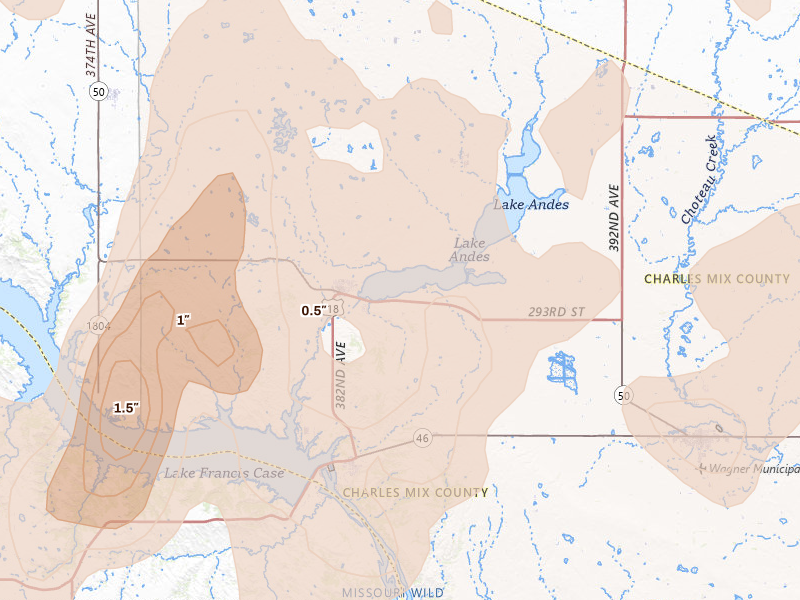 Radar-estimated hail-size map of the storm over Lake Andes, SD on Jun 30, 2026