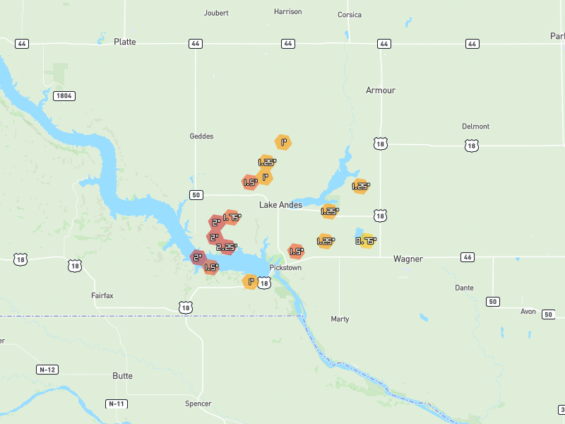 Hail map of Lake Andes, SD on Jul 1, 2026, hail up to 2.25"