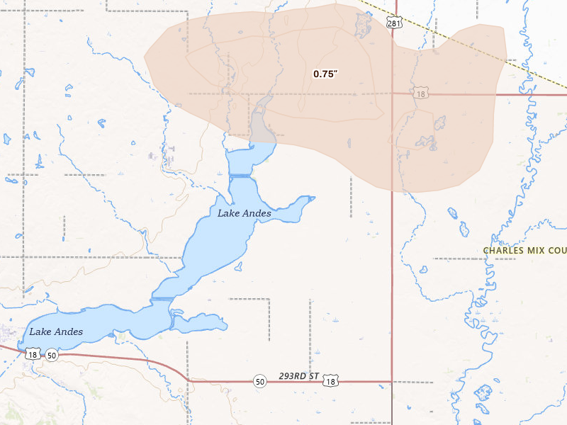 Radar-estimated hail-size map of the storm over Lake Andes, SD on Aug 17, 2026