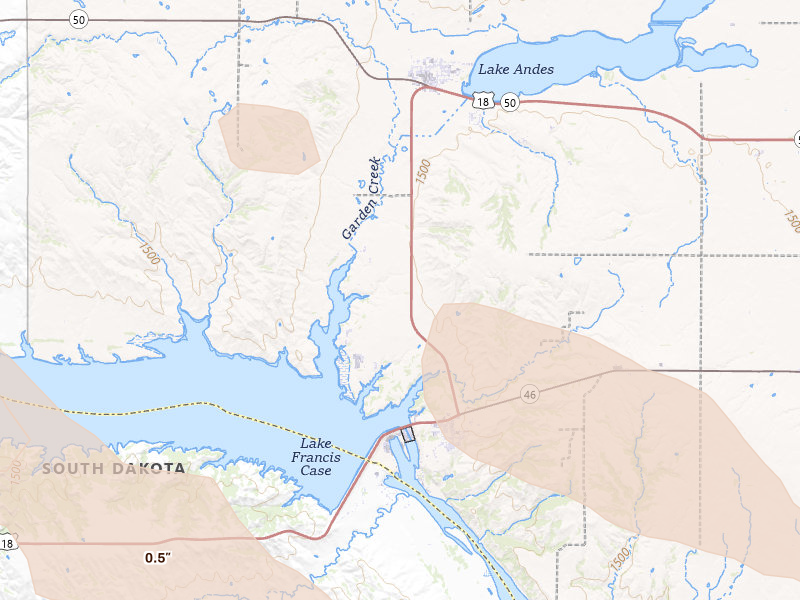Radar-estimated hail-size map of the storm over Lake Andes, SD on Aug 23, 2026