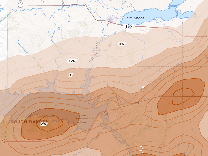 Radar-estimated hail-size map of the storm over Lake Andes, SD on Sep 1, 2026