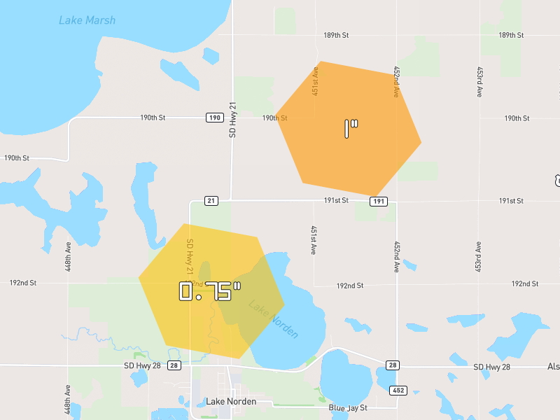 Hail map of Lake Norden, SD on Jun 4, 2026, hail up to 1"