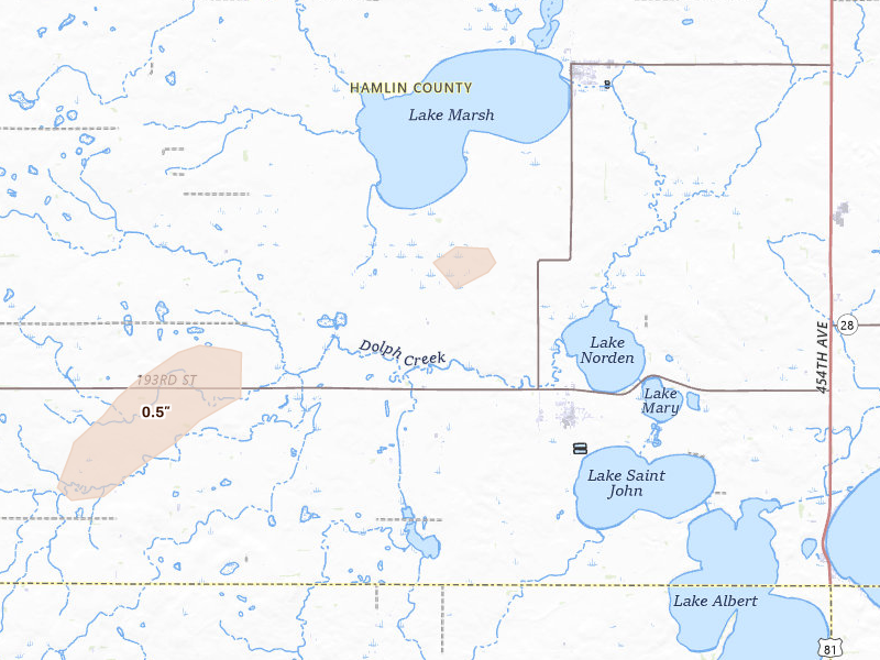 Radar-estimated hail-size map of the storm over Lake Norden, SD on Aug 3, 2026