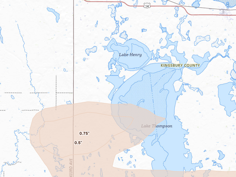 Radar-estimated hail-size map of the storm over Lake Preston, SD on Aug 6, 2026