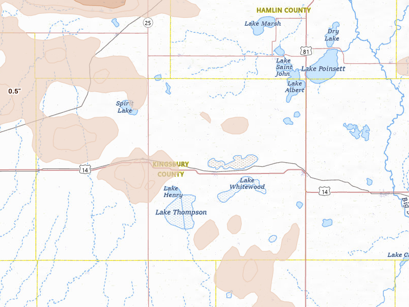 Radar-estimated hail-size map of the storm over Lake Preston, SD on Aug 28, 2026