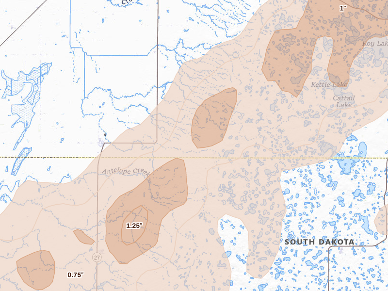 Radar-estimated hail-size map of the storm over Langford, SD on Jun 29, 2026