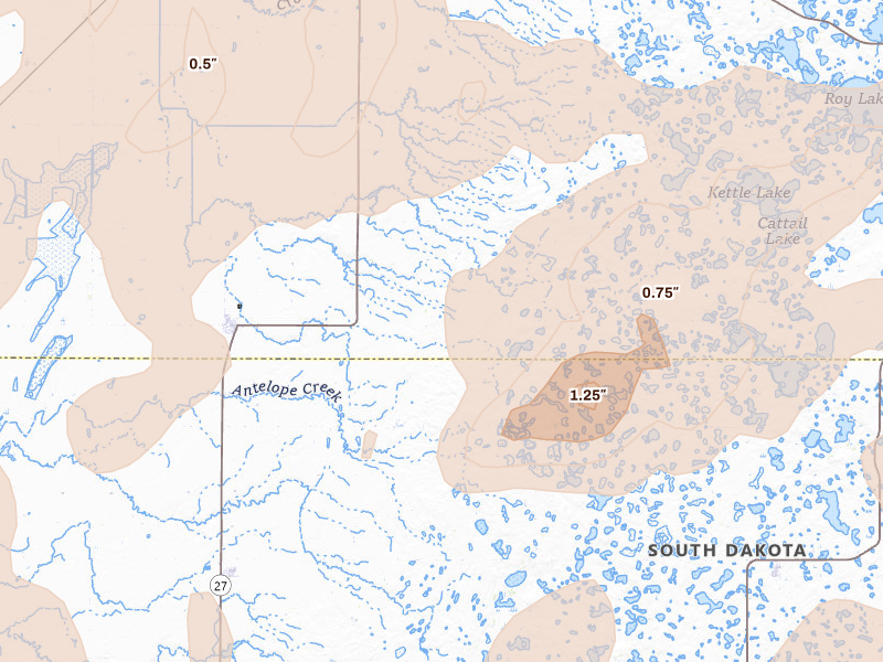 Radar-estimated hail-size map of the storm over Langford, SD on Jul 7, 2026