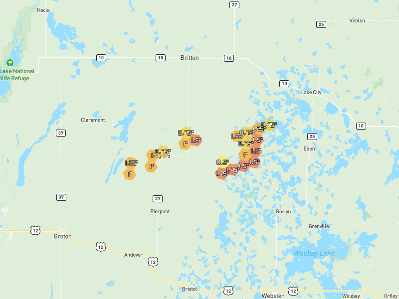 Hail map of Langford, SD on Jul 7, 2026, hail up to 1.75"
