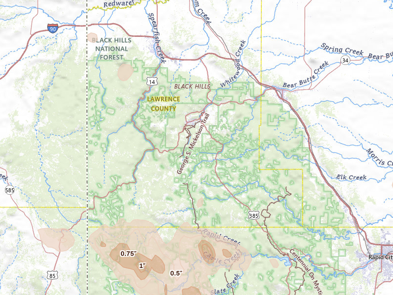Radar-estimated hail-size map of the storm over Lead, SD on Jun 4, 2026