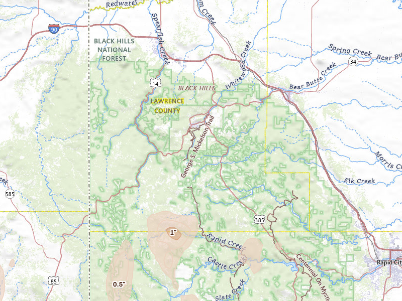 Radar-estimated hail-size map of the storm over Lead, SD on Jun 6, 2026