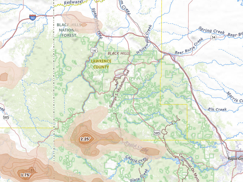 Radar-estimated hail-size map of the storm over Lead, SD on Jul 3, 2026