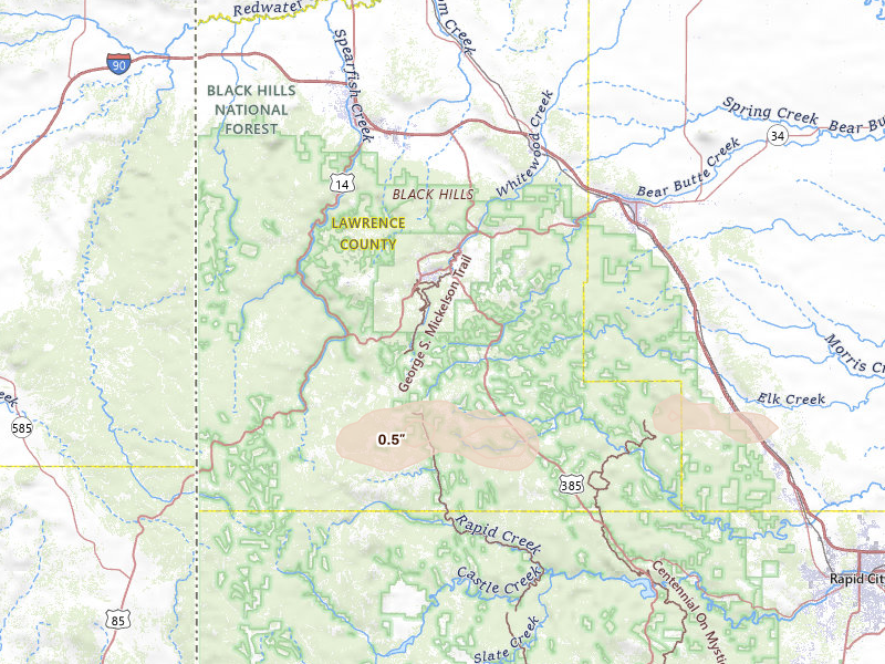 Radar-estimated hail-size map of the storm over Lead, SD on Jul 7, 2026