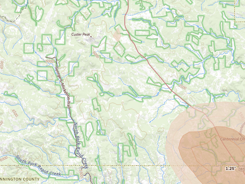Radar-estimated hail-size map of the storm over Lead, SD on Aug 23, 2026