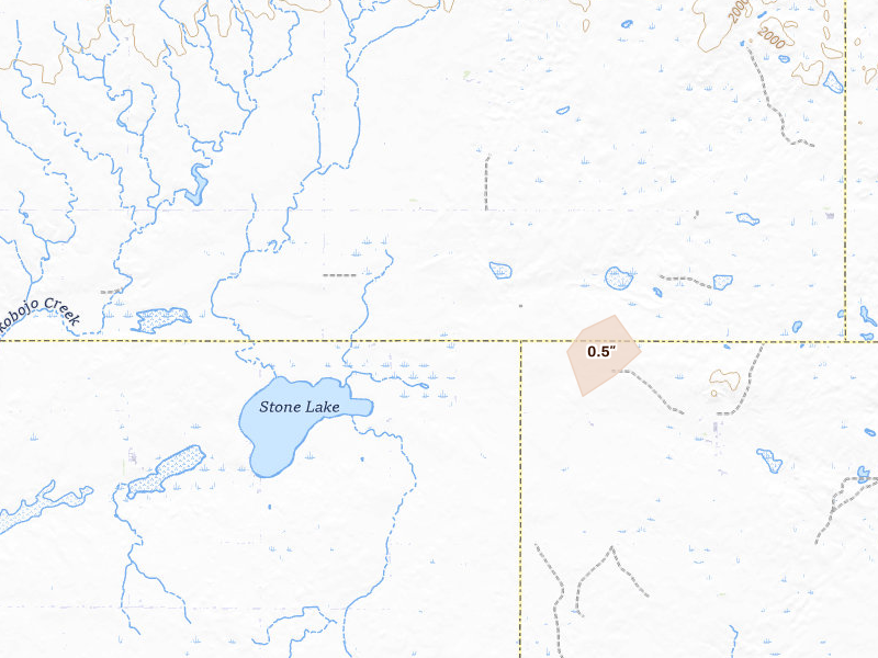 Radar-estimated hail-size map of the storm over Lebanon, SD on Apr 22, 2026